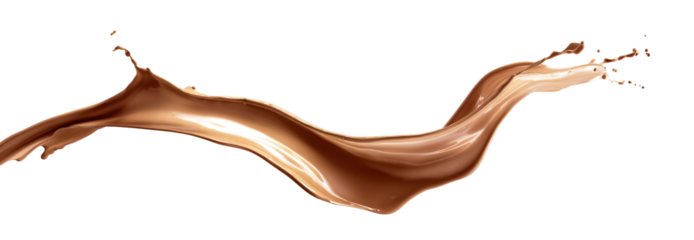 Dark chocolate brown creamy liquid splash isolated PNG cutout, transparent background. Dynamic milky pastel color spill flavor cue presentation