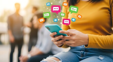 Person using smartphone with chat bubbles mobile phone