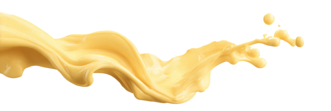 Pale light mango yellow creamy liquid splash isolated PNG cutout, transparent background. Dynamic milky pastel color spill presentation for drink or cosmetic care cream