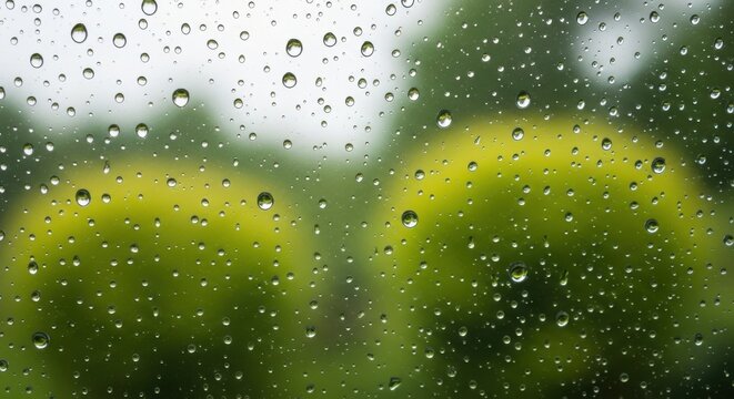 Raindrops on a window close-up view with blurred green background representing a rainy day or weather concept