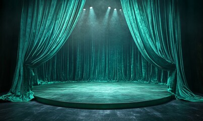 Empty theater stage with green velvet curtains, illuminated by a spotlight, creating a dramatic atmosphere. The scene offers space for text or creative elements, making it suitable, Generative AI
