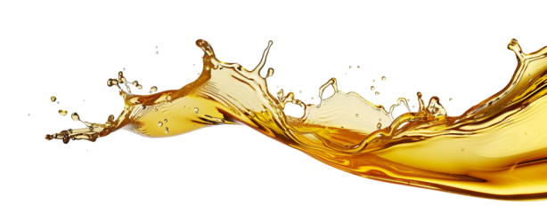 Gold yellow oil liquid splash spill, dynamic motion isolated PNG cutout, transparent background