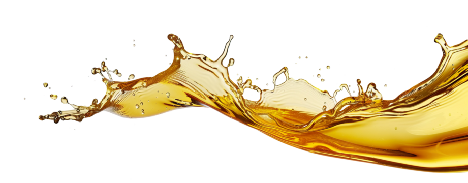 Gold yellow oil liquid splash spill, dynamic motion isolated PNG cutout, transparent background - Powered by Adobe