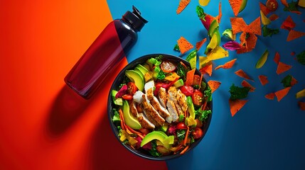 Vibrant healthy meal with sports bottle, showcasing active lifestyle, perfect for social media health challenge, fitness app and inspirational advertisement.
