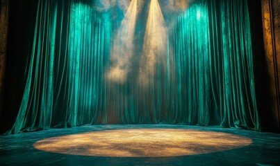 Empty theater stage with green velvet curtains, illuminated by a spotlight, creating a dramatic atmosphere. The scene offers space for text or creative elements, making it suitable, Generative AI