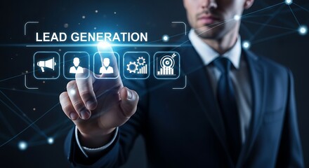 Businessman touches digital interface lead generation
