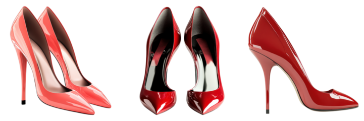 Red high heels displayed from different angles, highlighting their sleek design and vibrant color. The shoes exude elegance and style