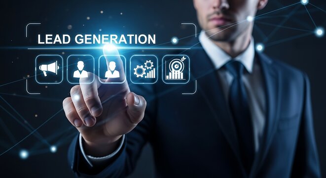 Businessman touches digital interface lead generation