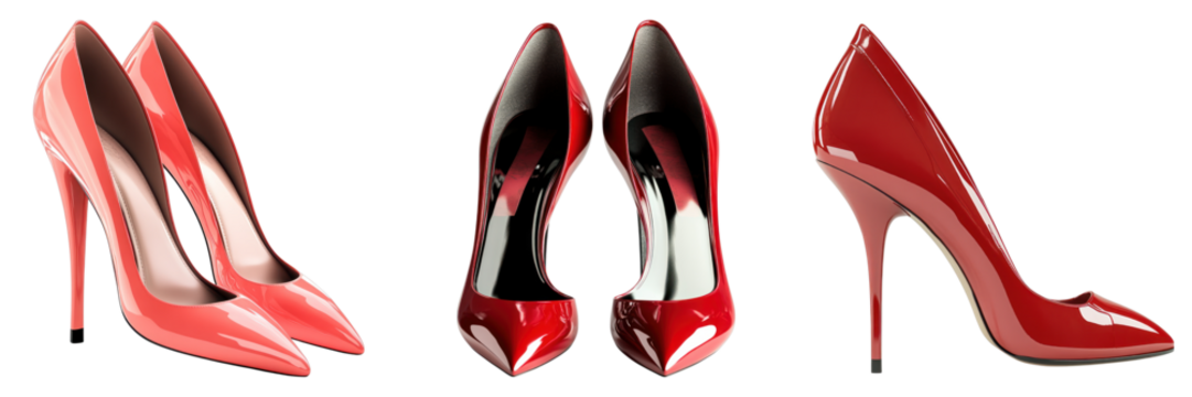 Red high heels displayed from different angles, highlighting their sleek design and vibrant color. The shoes exude elegance and style - Powered by Adobe