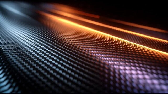 Abstract Carbon Fiber Texture with Orange and Blue Light Streaks.