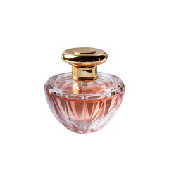 A luxurious glass perfume bottle with a golden cap