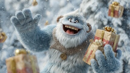 Happy Yeti Holding Christmas Gifts in a Snowy Winter Wonderland Scene with Joyful Expression
