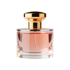 A luxurious glass perfume bottle with a golden cap