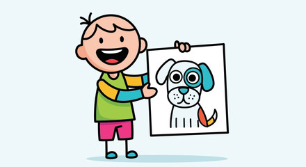 Happy child displaying a drawing of a dog with colorful details on a white background art style