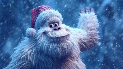 Happy Yeti Waving with Red Santa Hat on Snowy Background in Winter Wonderland