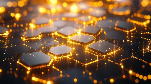 Abstract glowing hexagons with blurred lights