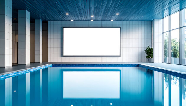 Indoor swimming pool with blank billboard on wall, reflecting light on water