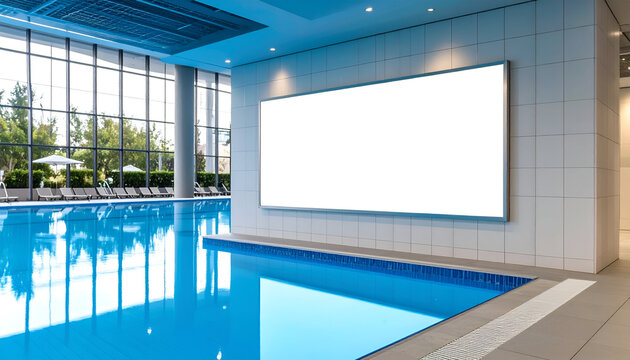 Luxurious indoor swimming pool area bathed in natural light, showcasing a spacious blank white billboard ready for your customizable content or branding