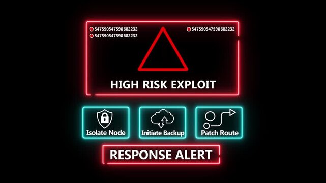 High risk exploit response notification on digital interface in data center server room with isolate node initiate backup patch route options.computer hacking attack warning message .4k video