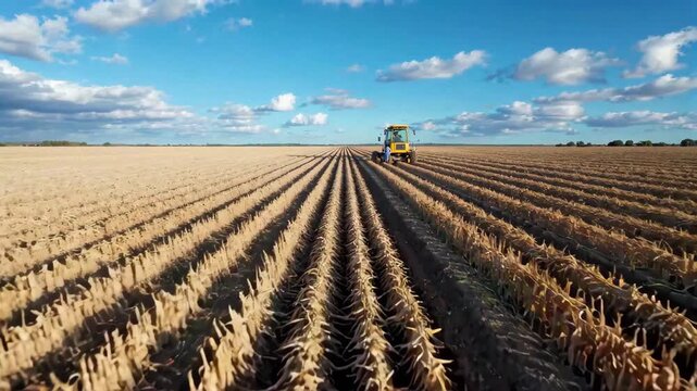 Tractor farming scene in a field Golden wheat field harvest scene