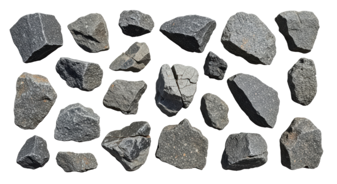 Assortment Of Grey And Black Aggregate Rocks isolated on Transparent Background - Powered by Adobe