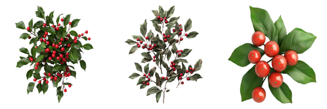 Vibrant red berries on lush green foliage, captured from a top-down perspective. This image features multiple clusters of berries, highlighting the natural beauty of the plant