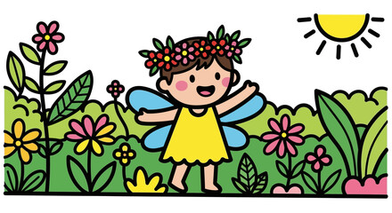 Cartoon fairy with flower crown and blue wings in a garden under a yellow sun illustration