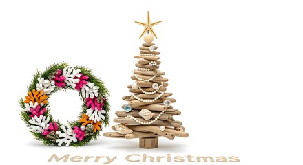 A driftwood christmas tree and a wreath with flowers isolated on white background, conveying a beachthemed holiday spirit and a merry christmas message, perfect for coastal christmas decorations