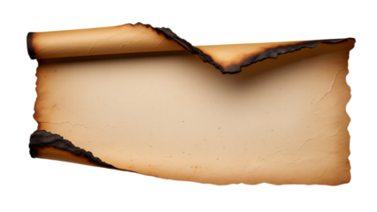 A vintage burnt parchment scroll with torn edges isolated on transparent background