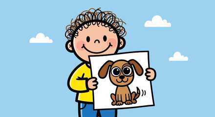 A cartoon boy holding a drawing of a dog against a blue sky with fluffy white clouds in the background
