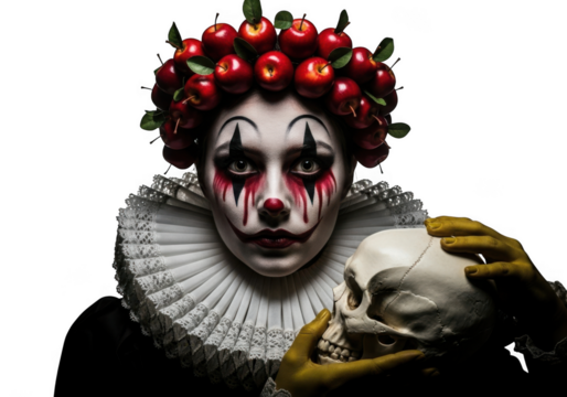 Creepy clown with apples and skull isolated on transparent background