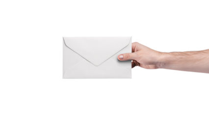 Hand holding a white square envelope isolated on transparent background