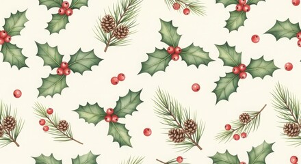 Watercolor Christmas pattern, holly leaves, pine branches, and berries