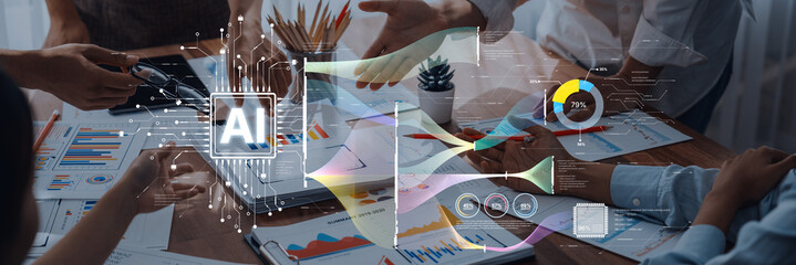 A diverse group of professionals engage in a collaborative business meeting, utilizing AI technology and data analysis for strategic planning and innovative solutions. Trope