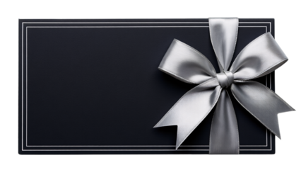 Elegant dark blue gift box with a silver satin ribbon bow isolated on transparent background