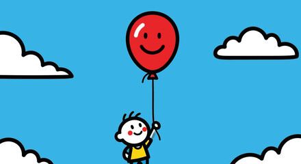 Fototapeta premium Cartoon drawing of a child holding a red balloon with clouds against a blue sky backdrop design