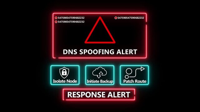 DNS spoofing alert response notification on digital interface in data center server room with isolate node initiate backup patch route options.computer hacking attack warning message .4k video