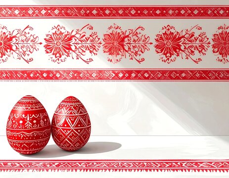 Two ornate red Easter eggs sit beneath red patterned decorative panels