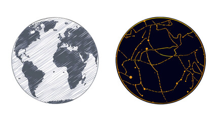 Earth s day and night sides showing continents and star constellations isolated on transparent background
