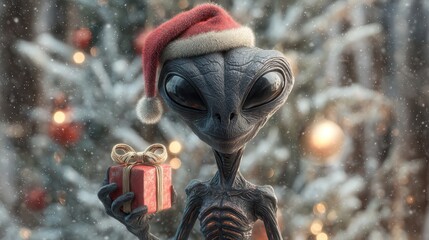 Playful Gray Alien in Santa Hat Holding Gift Box Near a Snowy Christmas Tree