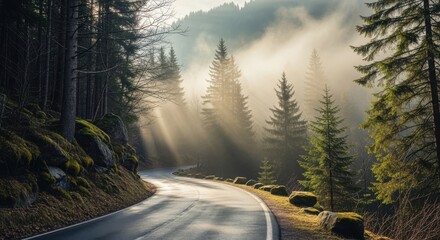 Naklejka premium Scenic winding road through a misty forest sunbeams filtering through the trees creating a peaceful and atmospheric landscape