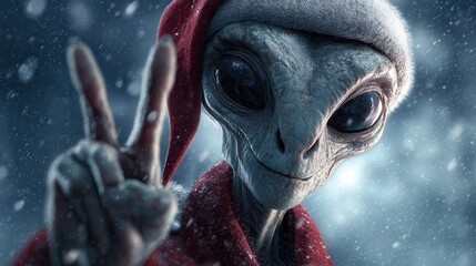 Smiling Alien in Santa Hat Showing Peace Sign in Snowy Night
