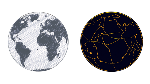 Earth s day and night sides showing continents and star constellations isolated on transparent background