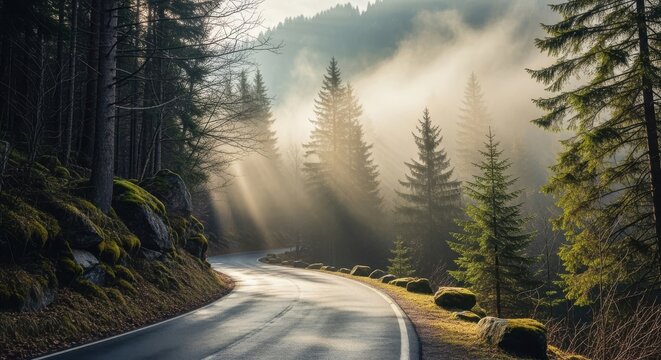 Scenic winding road through a misty forest sunbeams filtering through the trees creating a peaceful and atmospheric landscape