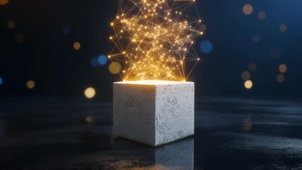 Illuminated geometric mesh structure floating above a light-emitting textured cube base in a dark void.