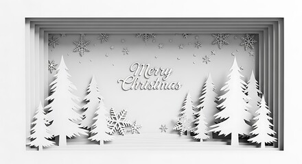 White layered paper cut merry christmas text with pine trees and snowflakes on a clean background, winter holiday season creative design.