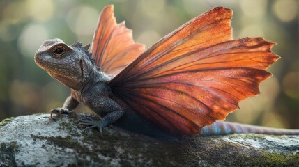 Frilled Lizard, its frill an array of delicate, iridescent butterfly wings, surreal entomological texture, soft, diffused light