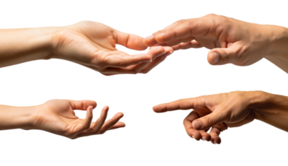 Four human hands interacting and gesturing on a transparent background isolated on transparent background