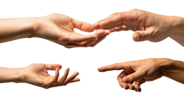Four human hands interacting and gesturing on a transparent background isolated on transparent background