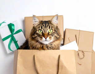 Charming tabby cat peeking out of a gift bag amidst beautifully wrapped presents, creating a heartwarming and festive scene for holiday surprises and pet lovers